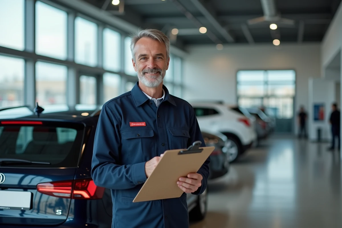 Professionnel de l'automobile en concession avec une plaque d'immatriculation rouge provisoire visible en arrière-plan