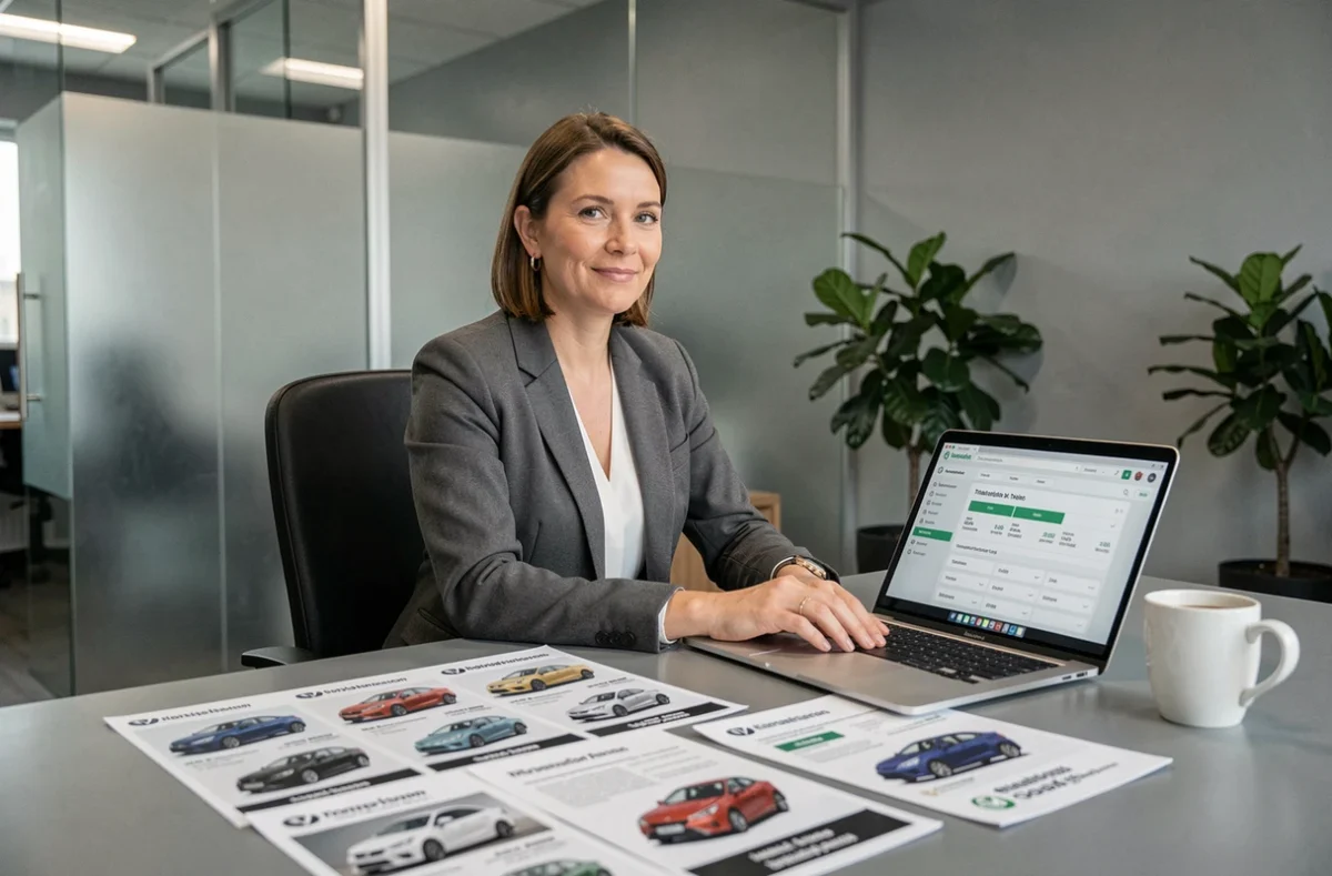 Professionnelle de l'automobile analysant des annonces de véhicules et une plateforme de transaction auto sur ordinateur portable dans un bureau moderne