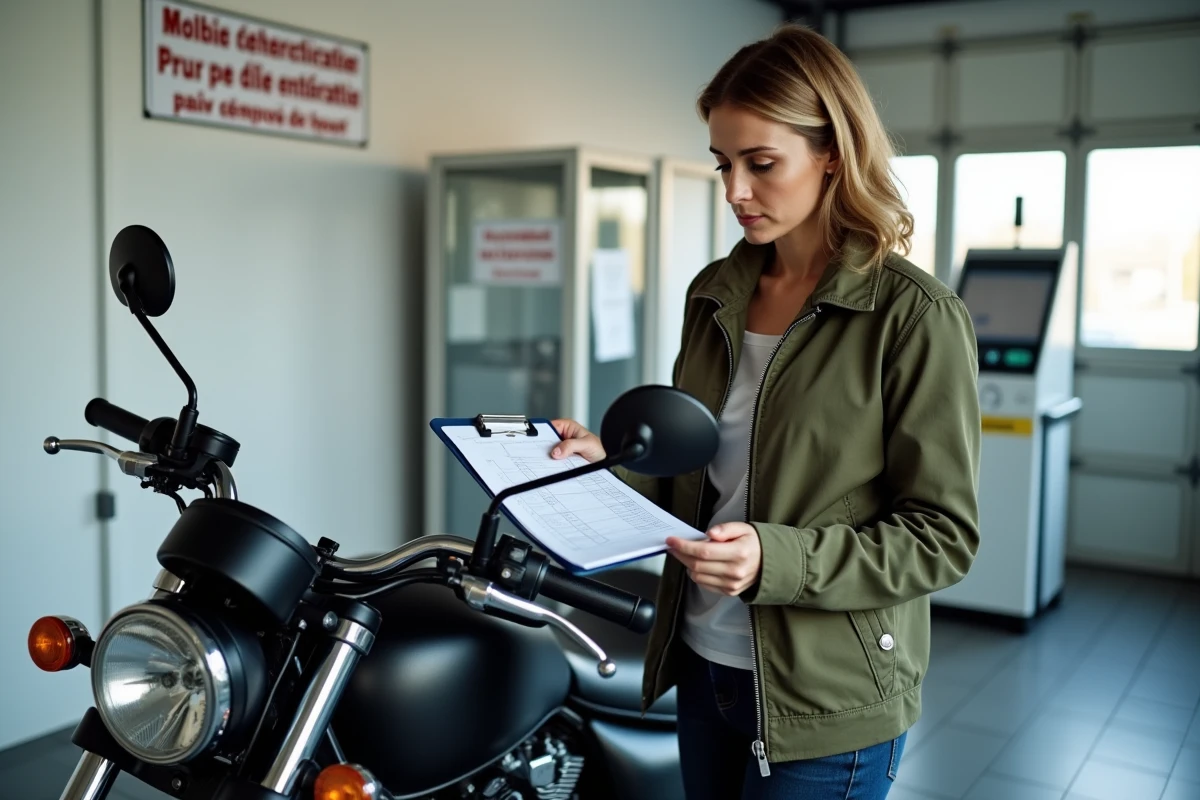 Propriétaire de moto consultant les points de contrôle technique obligatoires dans un centre d'inspection agréé