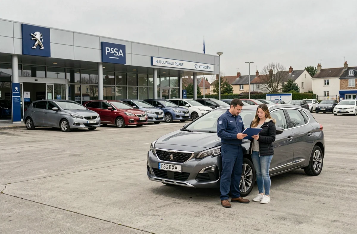 Parking du concessionnaire PSA Retail à Créteil avec un conseiller et une cliente devant un Peugeot 3008 d'occasion certifié
