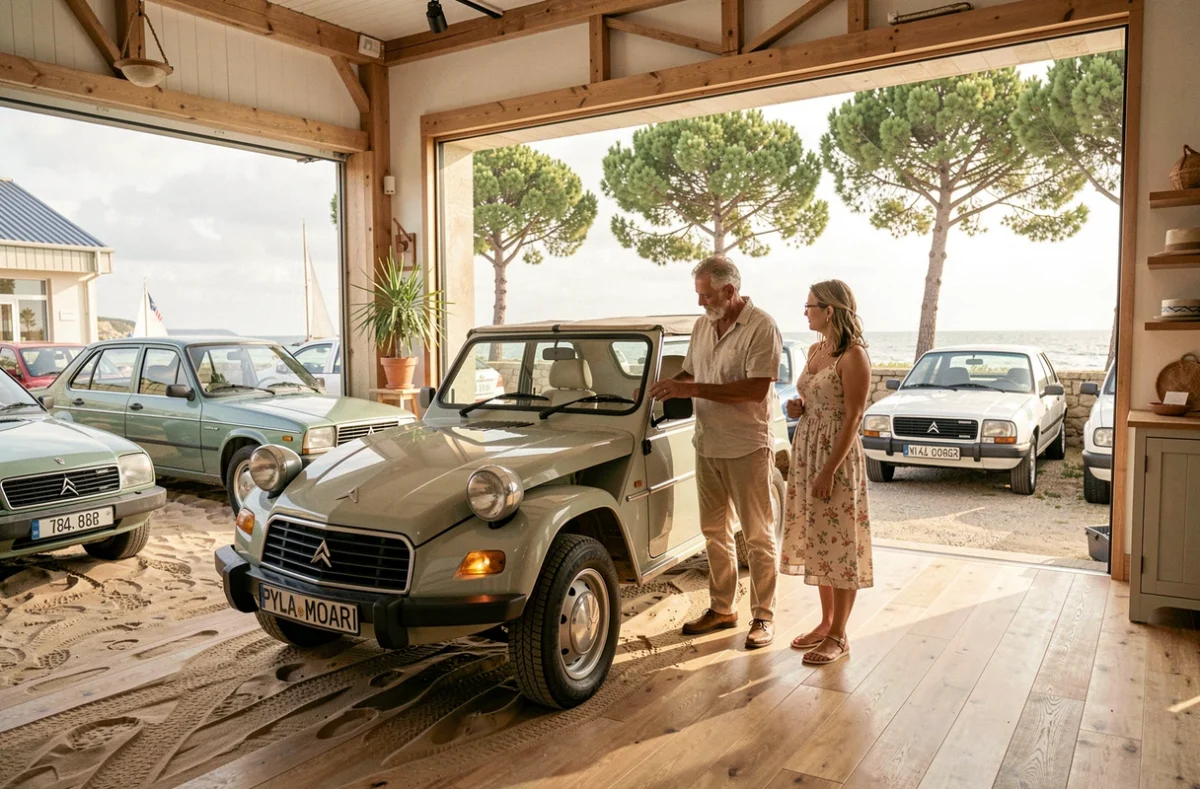 Citroën Méhari vintage exposée chez Pyla Mehari avec un spécialiste et une visiteuse dans un showroom côtier près du Bassin d'Arcachon