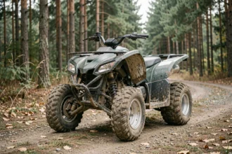 Quad 500cc garé sur un chemin forestier boueux, vue en contre-plongée mettant en valeur les détails mécaniques et les pneus tout-terrain
