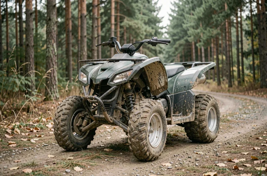 Quad 500cc garé sur un chemin forestier boueux, vue en contre-plongée mettant en valeur les détails mécaniques et les pneus tout-terrain
