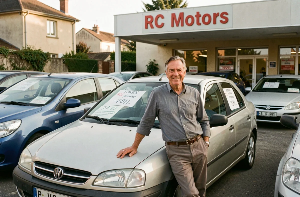 Propriétaire de RC Motors appuyé sur un véhicule d'occasion dans la cour de son garage indépendant en banlieue bordelaise