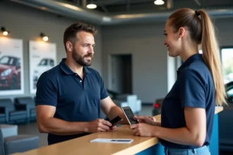 Homme au centre auto parlant avec receptionniste
