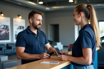 Homme au centre auto parlant avec receptionniste