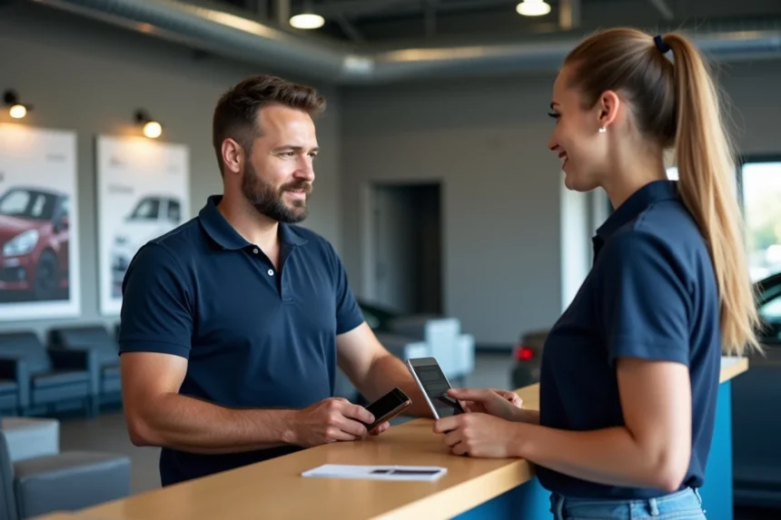 Homme au centre auto parlant avec receptionniste