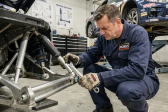 Mécanicien de rallye réglant la suspension d'une Subaru World Rally Car dans un atelier de préparation motorsport