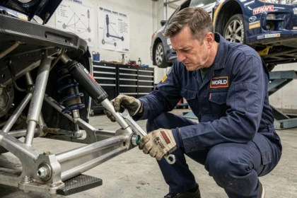 Mécanicien de rallye réglant la suspension d'une Subaru World Rally Car dans un atelier de préparation motorsport