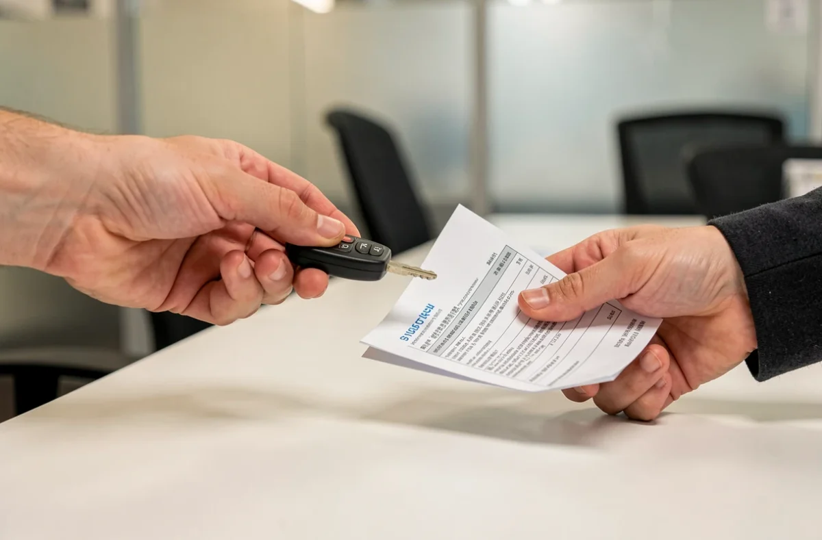 Remise d'une clé de voiture accompagnée des documents d'assurance lors d'un transfert