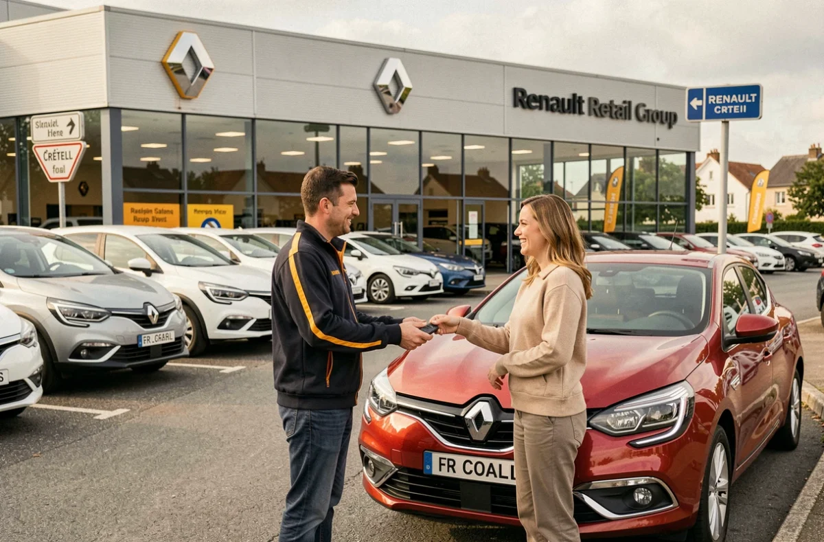 Concessionnaire Renault Retail Group à Créteil avec un vendeur remettant les clés d'une Mégane d'occasion à une cliente souriante
