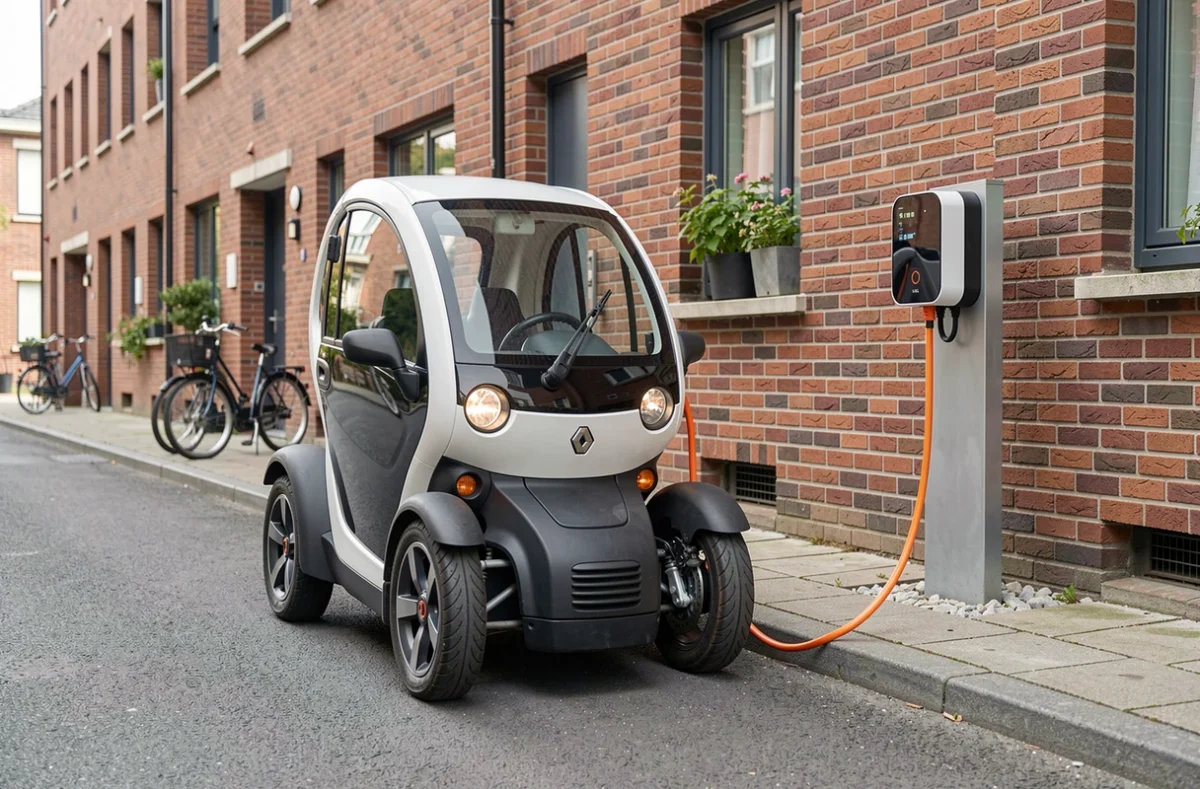Renault Twizy branchée à une borne de recharge électrique en rue résidentielle