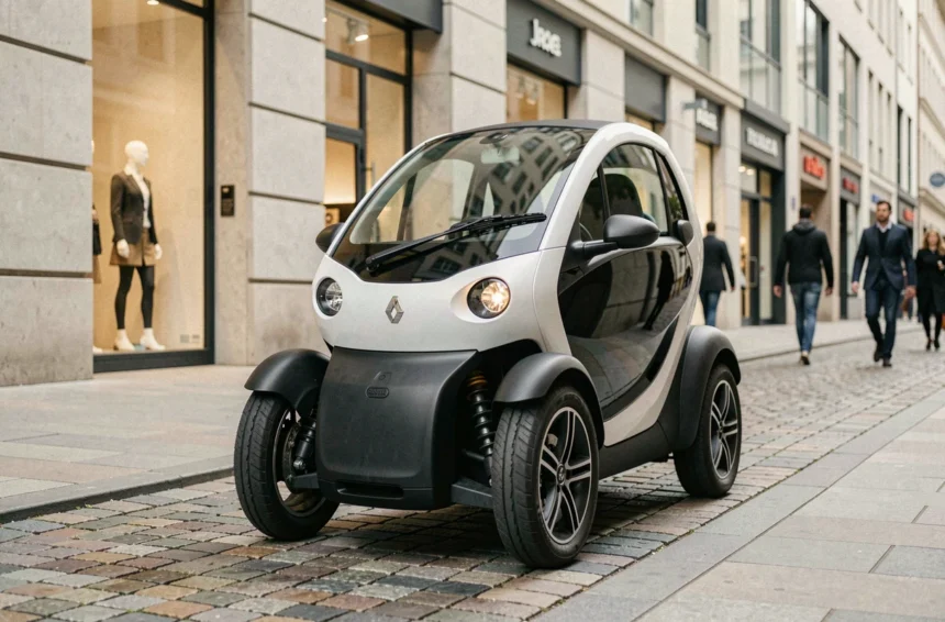 Renault Twizy voiture sans permis garée sur un trottoir urbain européen