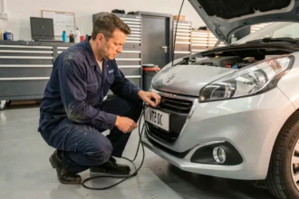 Technicien automobile connectant un outil de reprogrammation OBD sur une Peugeot 208 VTi dans un atelier moderne