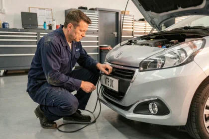 Technicien automobile connectant un outil de reprogrammation OBD sur une Peugeot 208 VTi dans un atelier moderne
