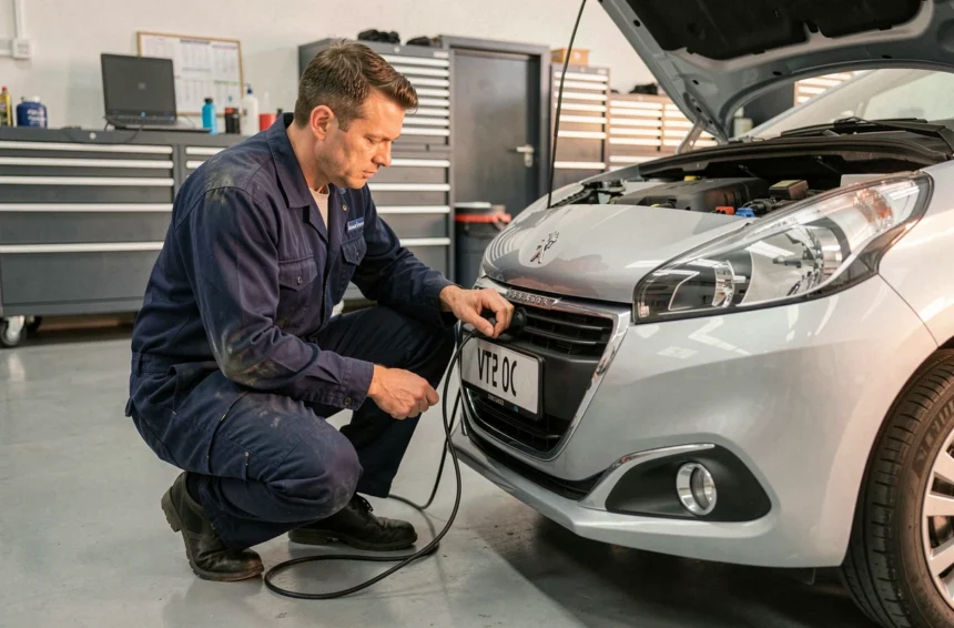 Technicien automobile connectant un outil de reprogrammation OBD sur une Peugeot 208 VTi dans un atelier moderne
