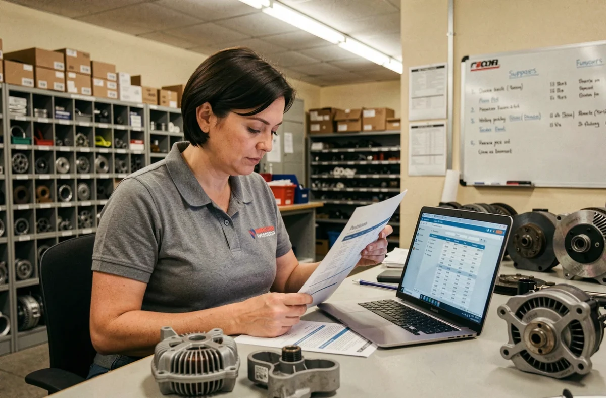 Responsable pièces automobiles analysant une commande fournisseur à un comptoir de distribution professionnelle