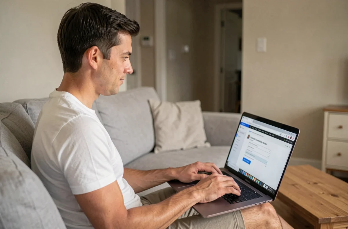 Personne utilisant un ordinateur portable pour exercer son droit de rétractation d'assurance auto en ligne