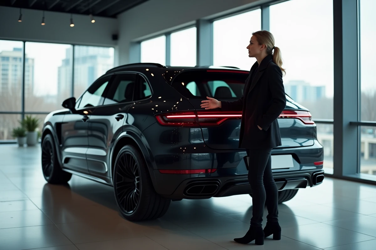 Femme observant les détails du coffre du Cayenne S Magnum