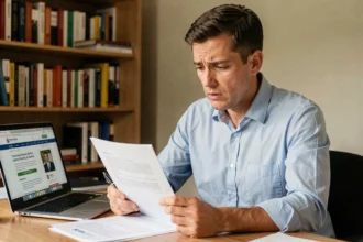 Homme consultant un document administratif pour retrouver son code NEPH après perte de dossier