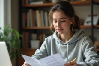 Jeune femme révisant les questions du code de la route avec un surligneur et des fiches de révision sur un bureau en bois