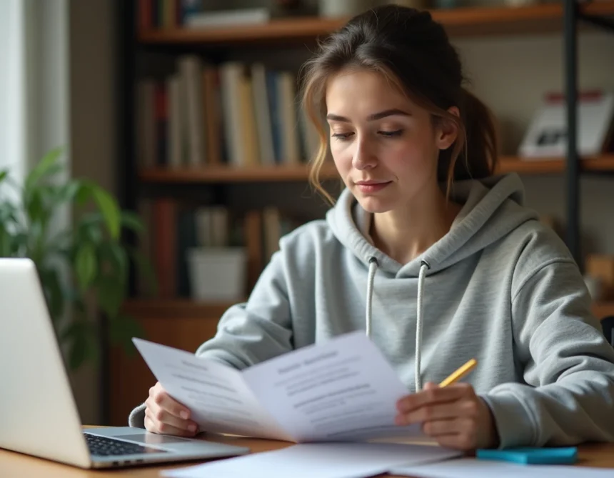 Jeune femme révisant les questions du code de la route avec un surligneur et des fiches de révision sur un bureau en bois