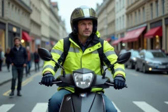 Motard sur un scooter 125cc en équipement de sécurité complet à une intersection urbaine