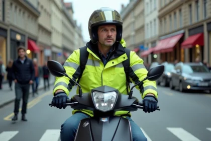 Motard sur un scooter 125cc en équipement de sécurité complet à une intersection urbaine