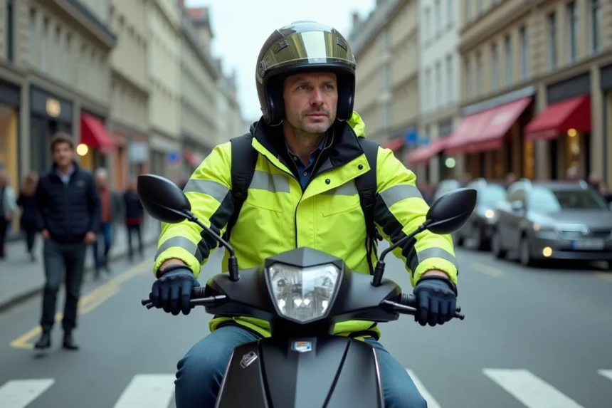 Motard sur un scooter 125cc en équipement de sécurité complet à une intersection urbaine