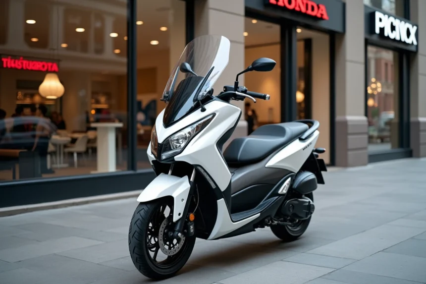 Scooter Honda 125 garé devant une concession avec prix affiché en vitrine