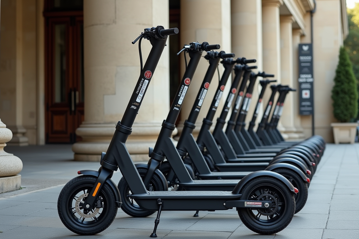 Scooters électriques stationnes devant un bâtiment officiel en France