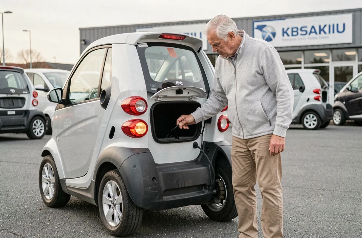 Senior inspectant le coffre d'une voiture sans permis électrique chez un concessionnaire