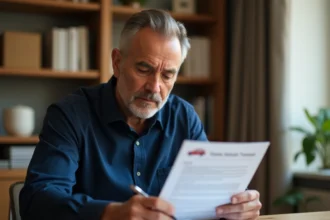Homme signant un formulaire de cession de vente de véhicule à son bureau à domicile