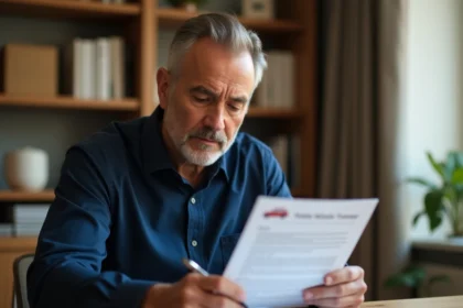 Homme signant un formulaire de cession de vente de véhicule à son bureau à domicile
