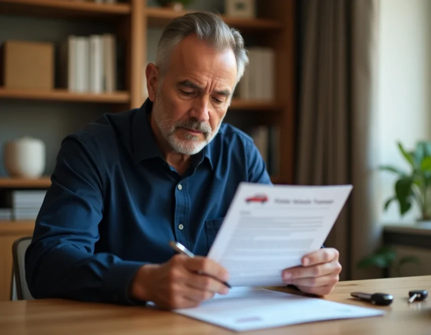 Homme signant un formulaire de cession de vente de véhicule à son bureau à domicile