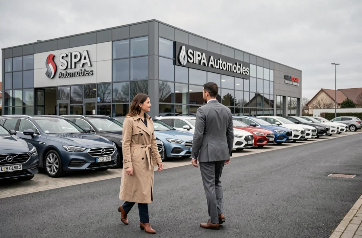 Façade du concessionnaire SIPA Automobiles Bordeaux Nord avec une cliente et un vendeur marchant vers des véhicules d'occasion exposés