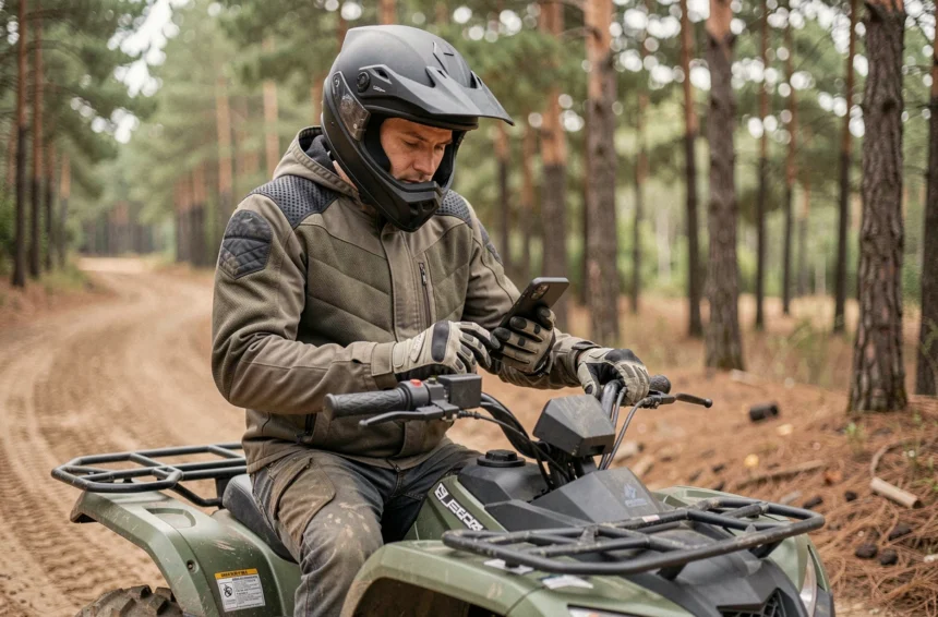 Motard assis sur un quad en forêt consultant son smartphone pour souscrire une assurance quad en ligne avant de partir