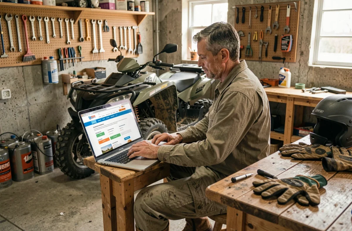 Homme souscrivant une assurance quad immédiate en ligne depuis un garage avec son quad garé derrière lui