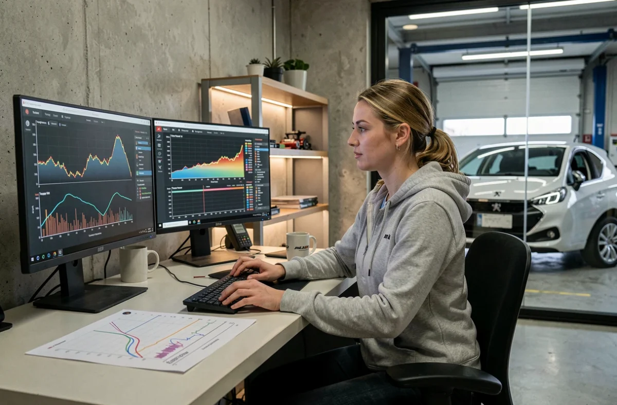 Spécialiste en reprogrammation moteur analysant les courbes de puissance d'une Peugeot 208 VTi sur écran de cartographie ECU
