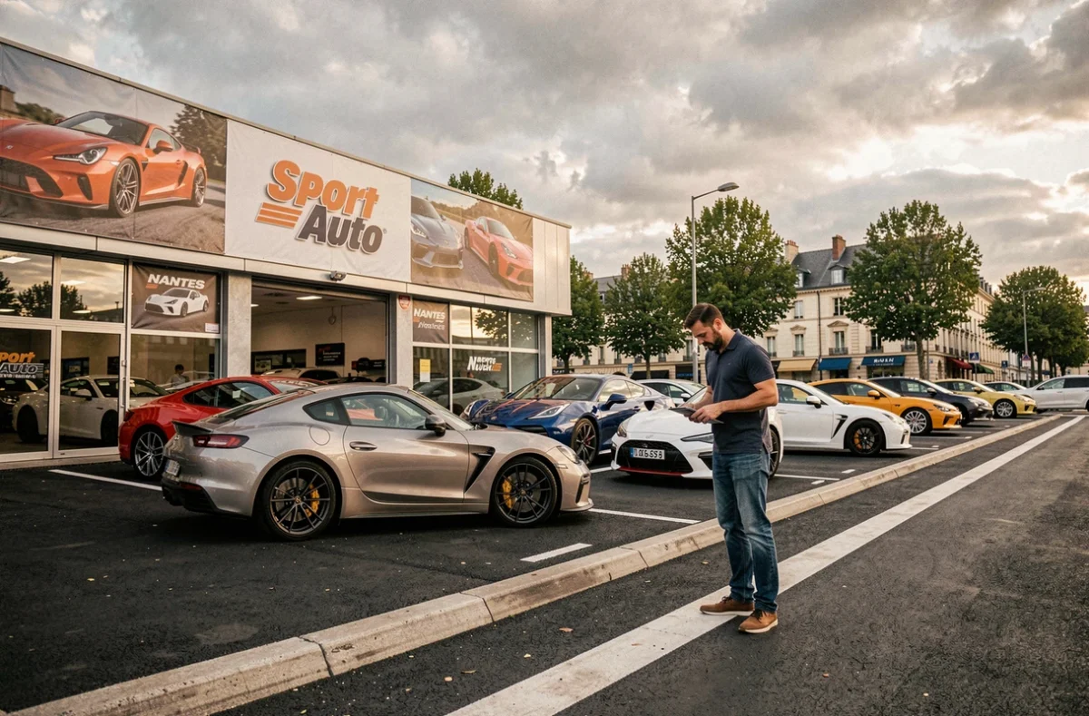 Lot de voitures sportives exposées chez Sport Auto Nantes avec un client inspectant un coupé haute performance