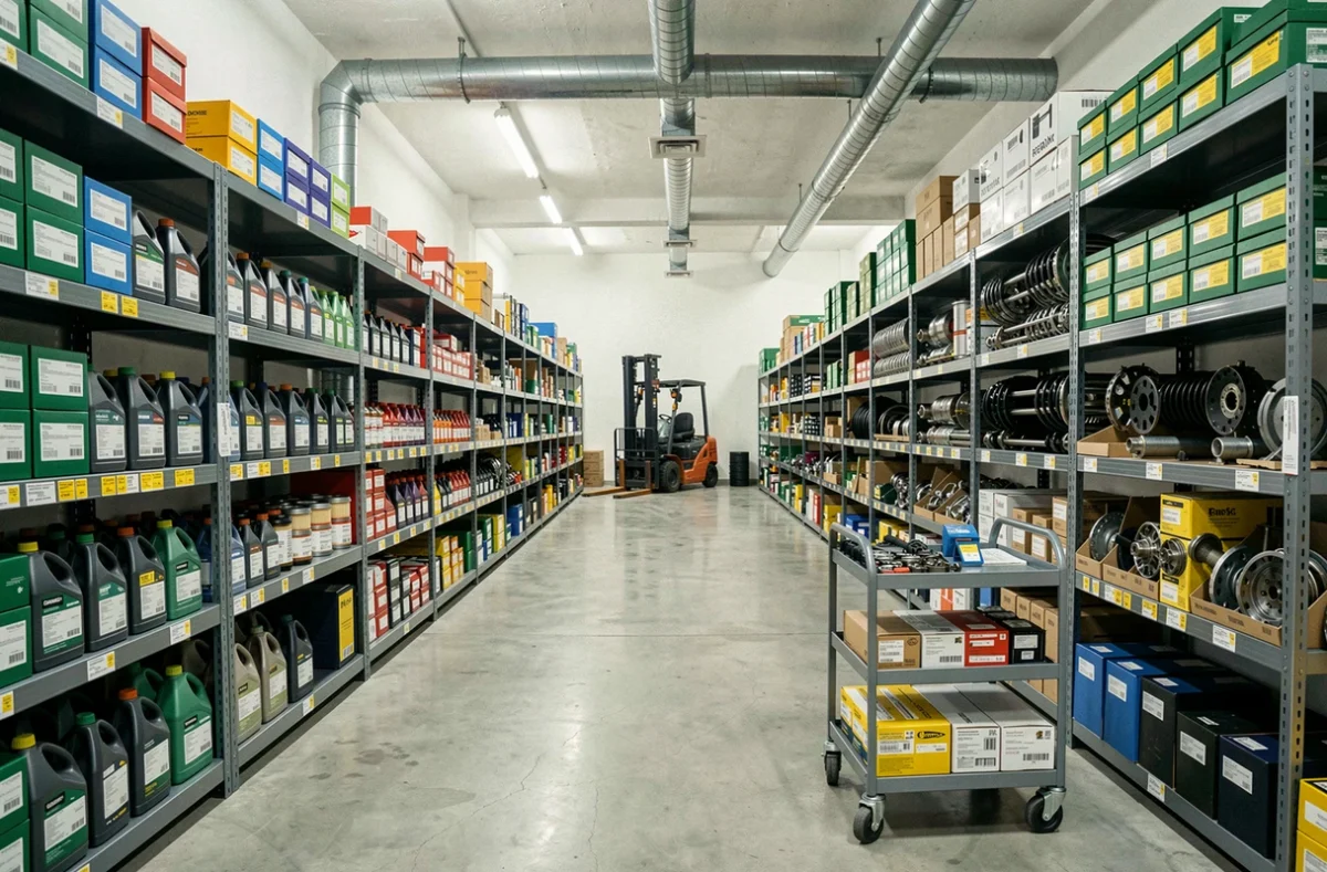 Stock de pièces automobiles professionnelles organisé dans un grand magasin d'atelier avec rayonnages industriels