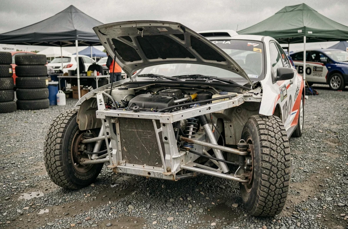 Voiture de rallye préparée inspirée de la Subaru WRC avec suspension modifiée exposée dans un parc d'assistance sur gravier