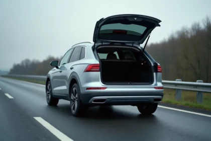 SUV stationné sur le bord d'une autoroute avec un pneu runflat à plat et coffre ouvert sans roue de secours