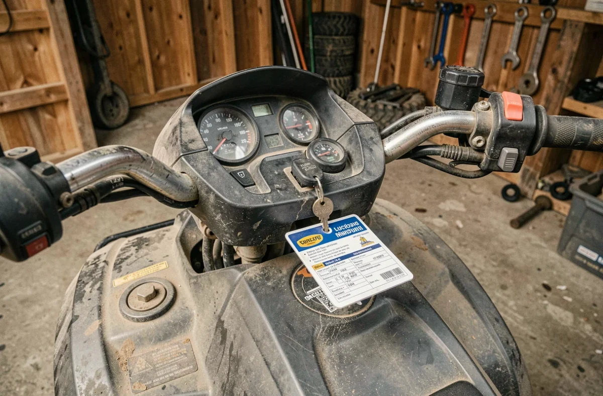 Gros plan sur le tableau de bord d'un quad 500cc avec une carte d'assurance visible, garé dans un garage rural