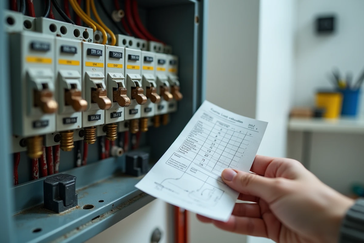 Gros plan d'un tableau électrique ouvert avec disjoncteurs et feuille de calcul de charge guidelec posée à côté