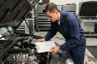 Technicien automobile inspectant un moteur TSI turbocompressé lors d'un entretien en atelier