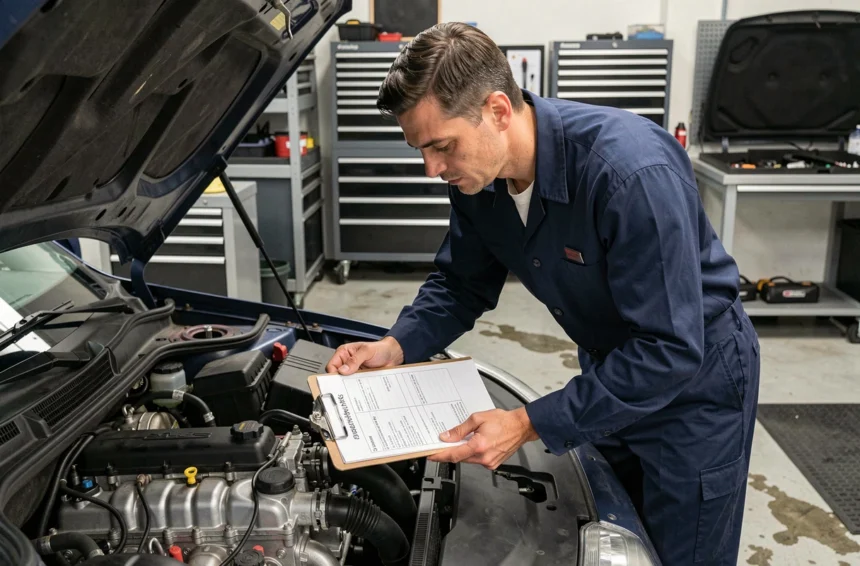 Technicien automobile inspectant un moteur TSI turbocompressé lors d'un entretien en atelier
