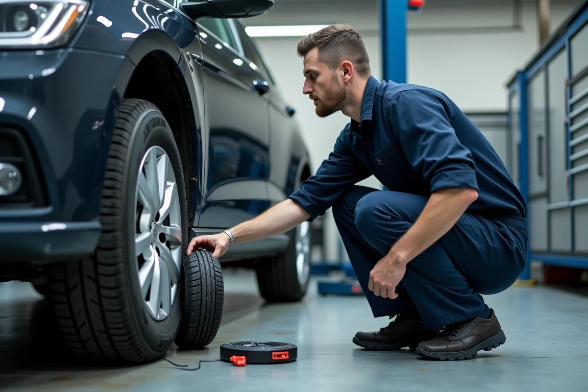 Technicien en garage inspectant un pneu runflat sur une berline surélevée sans roue de secours visible