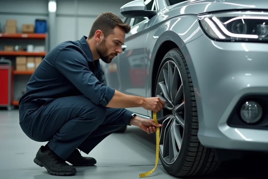 Technicien automobile mesurant l'écart entre un pneu large et l'aile d'une voiture dans un garage professionnel