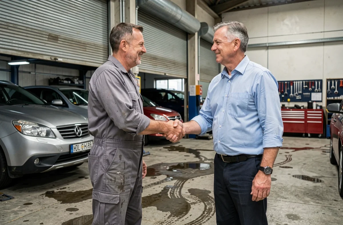 Deux professionnels de l'automobile concluant une transaction en se serrant la main devant un atelier mécanique, symbolisant les enjeux des ventes auto entre professionnels
